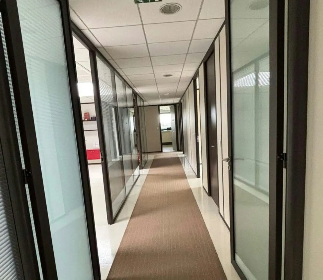 Pasillo central de la planta de oficinas con techo registrable continuo y acceso a los despachos